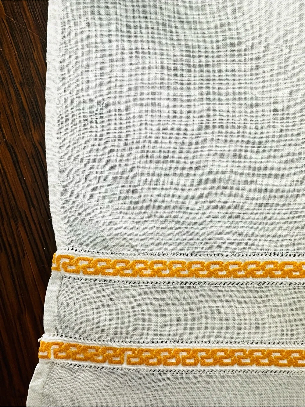 Vintage Hemstitched Linen Napkin with Greek Meander Pattern